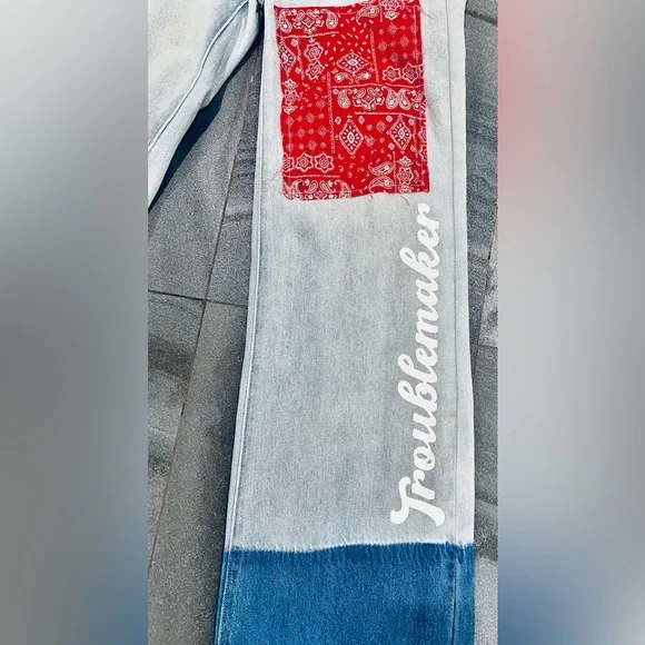 Light Wash Denim Flared Leg High Waist Patchwork Paisley Troublemaker Jeans - Picture 3 of 6